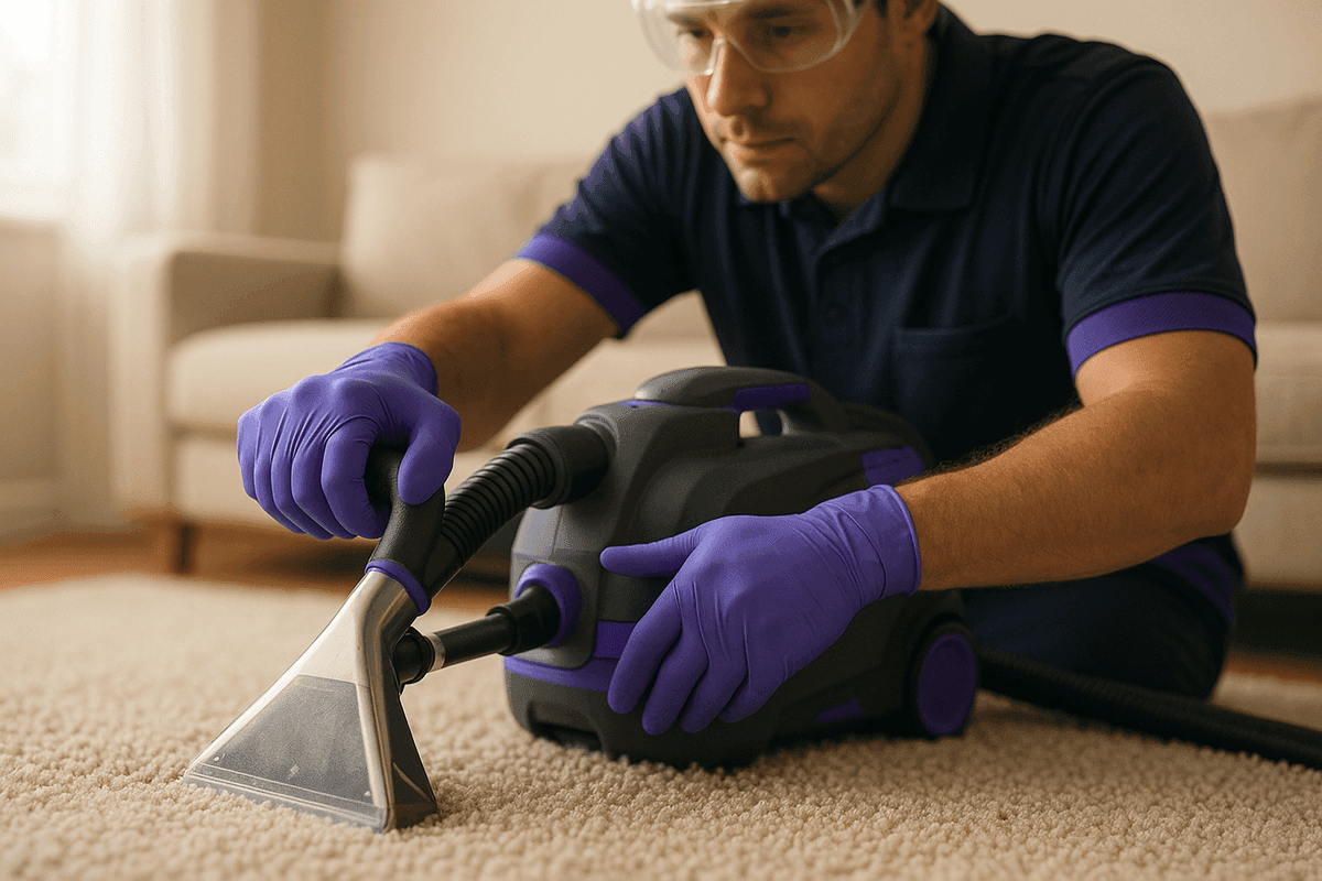 Close-up of gloved hands operating carpet cleaning machine on plush carpet