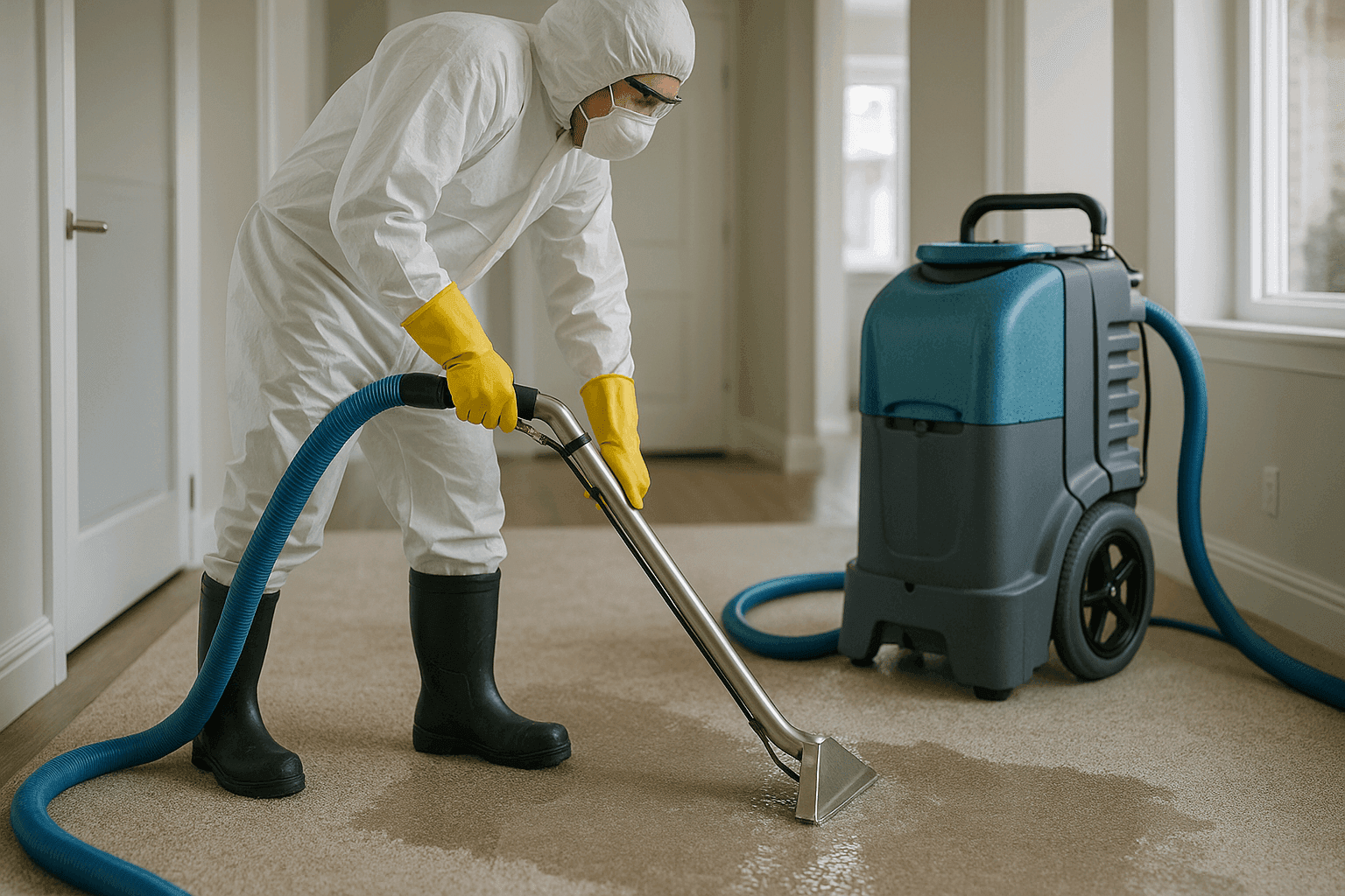 Technician extracting water from soaked carpet in a residential hallway