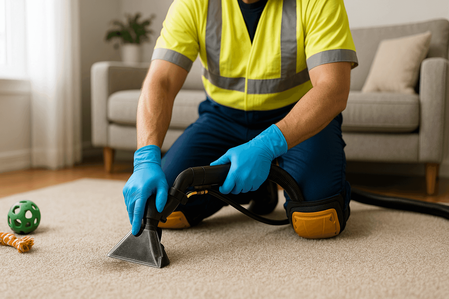 Technician treating carpet with specialized pet odor removal equipment