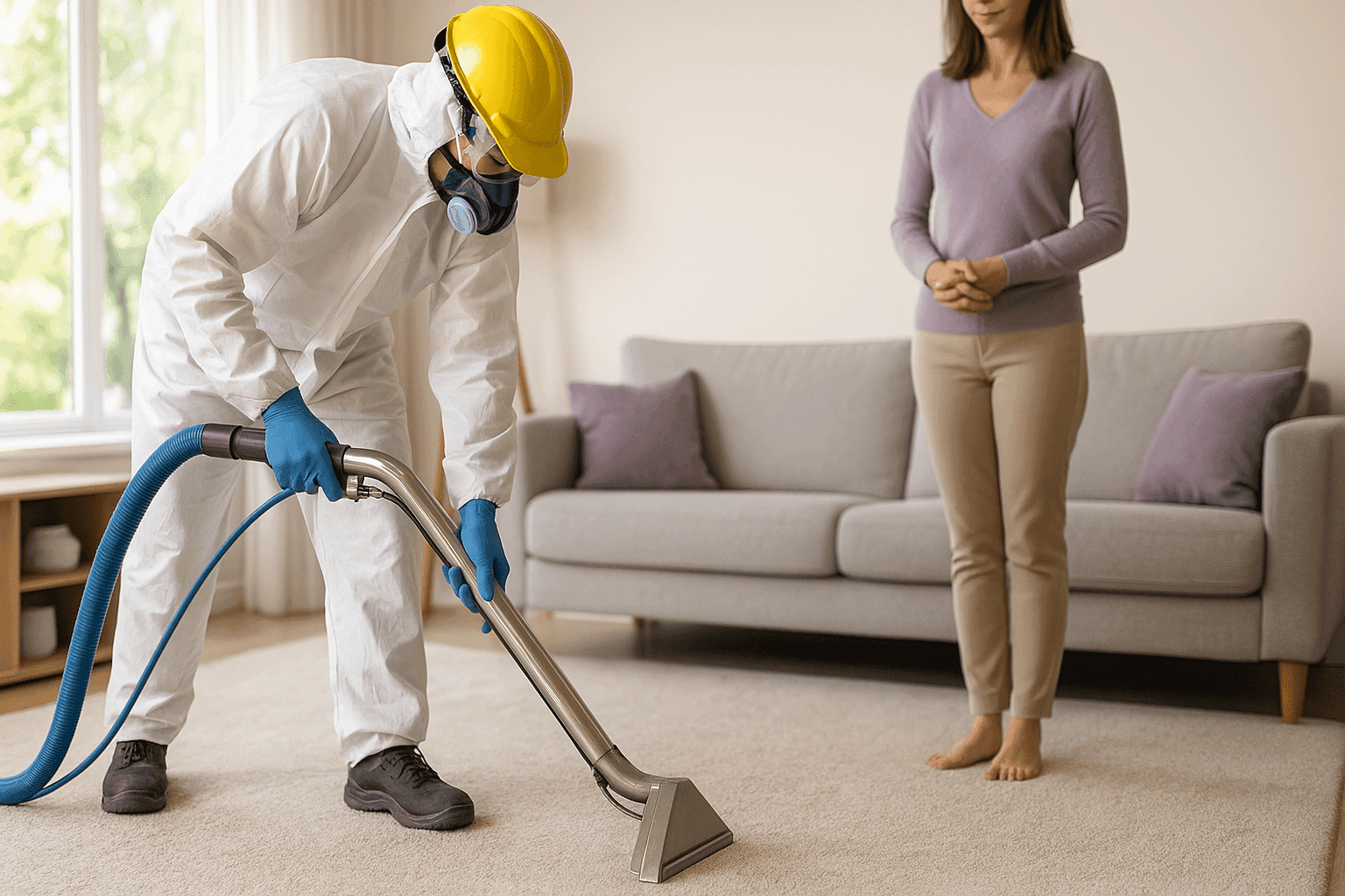 Technician cleaning living room carpet while homeowner watches, both following safety protocols